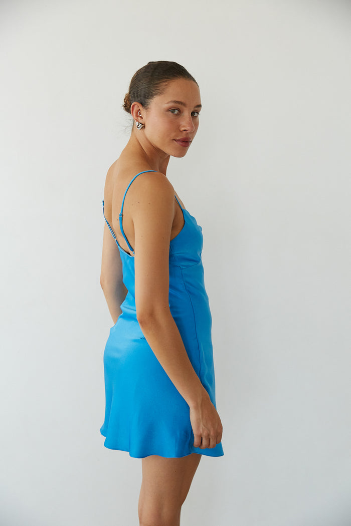 blue twist front satin mini dress | blue hoco dress