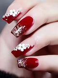 Red Floral Press On Nails â€“ 24 Pieces Glossy Glitter 3D Flower Square Acrylic False Nail Set for Women