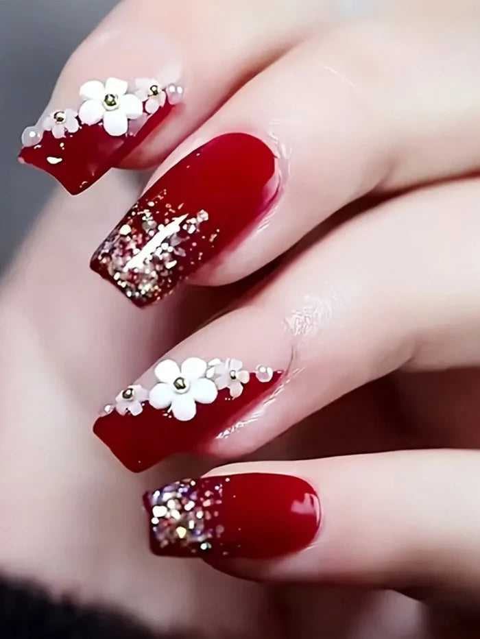 Red Floral Press On Nails â€“ 24 Pieces Glossy Glitter 3D Flower Square Acrylic False Nail Set for Women