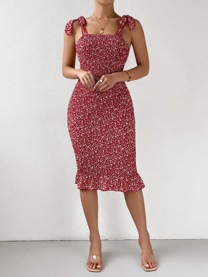 Red Floral Smocked Tie Strap Midi Dress – Bodycon Sleeveless Ruffle Hem Summer Dress for Women