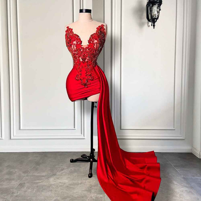 Red Halter Mini Birthday Dress with Elegant Side Train