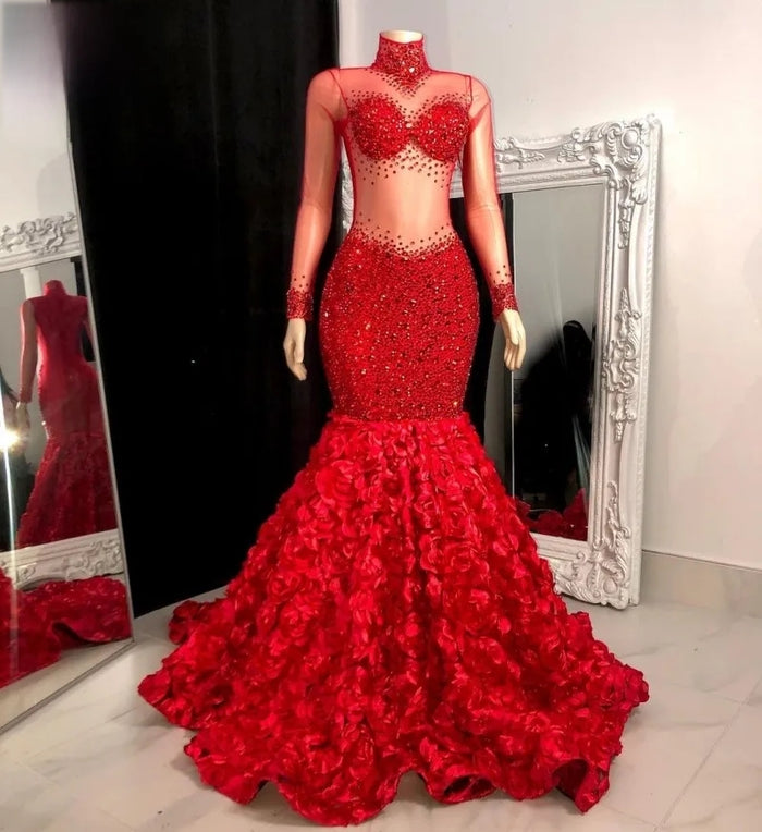 Red High Neck Beaded Long Sleeves Prom Dress - Envious Designs