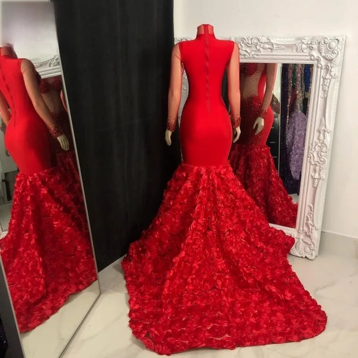 Red High Neck Beaded Long Sleeves Prom Dress - Envious Designs
