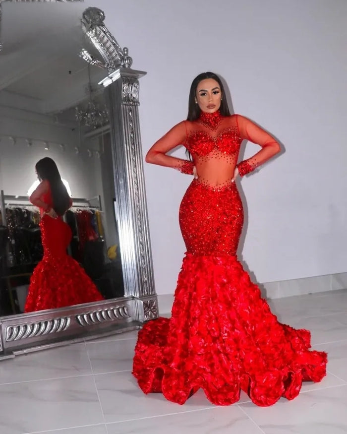 Red High Neck Beaded Long Sleeves Prom Dress - Envious Designs