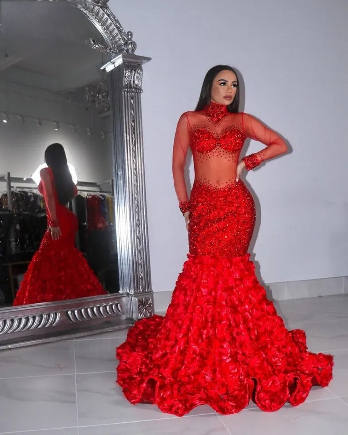 Red High Neck Beaded Long Sleeves Prom Dress - Envious Designs