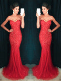 Red Mermaid Floor Length Strapless Prom Dresses, Red Mermaid Formal Dresses