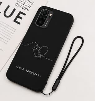 Redmi Note 10 Case – Black Minimalist Love Yourself Design – Shockproof Matte Cover with Strap
