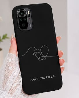 Redmi Note 10 Case – Black Minimalist Love Yourself Design – Shockproof Matte Cover with Strap