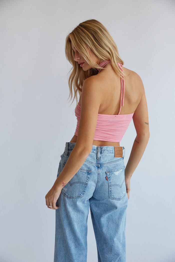 mesh halter tank top with rosette applique
