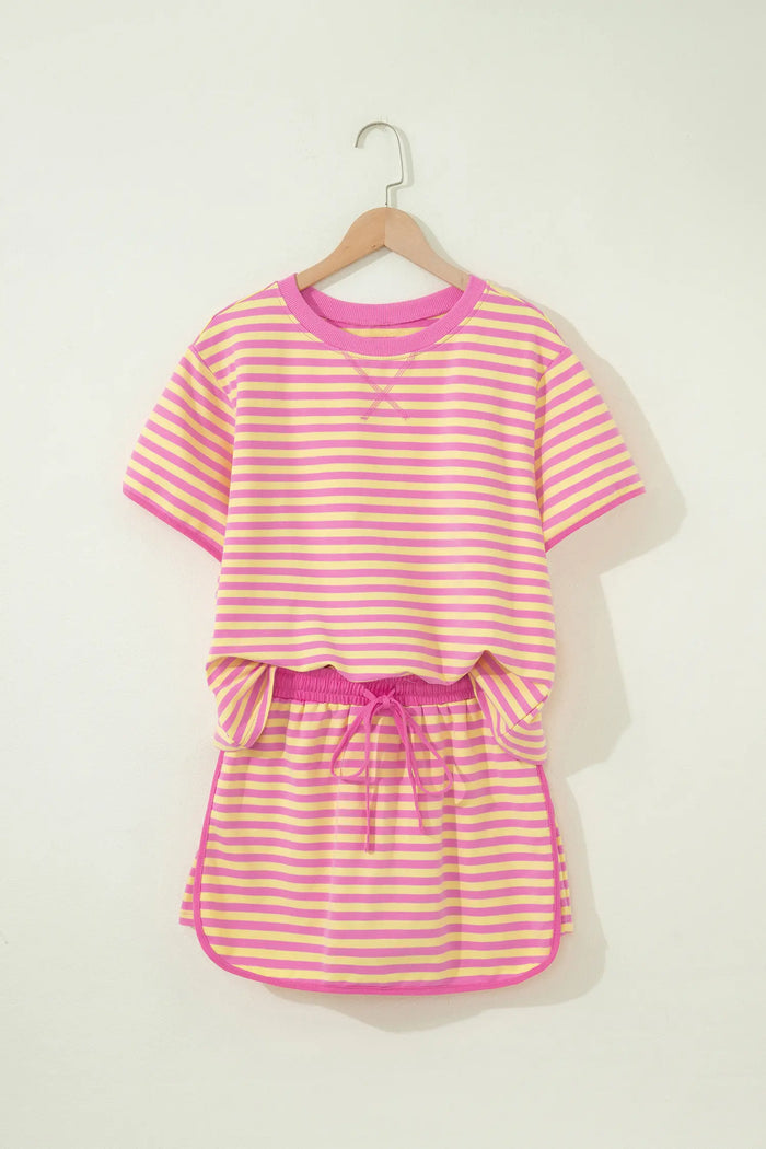 Relaxed Short Sleeve Top Elastic Waist Drawstring Skort 2pcs Set – Pink Stripe