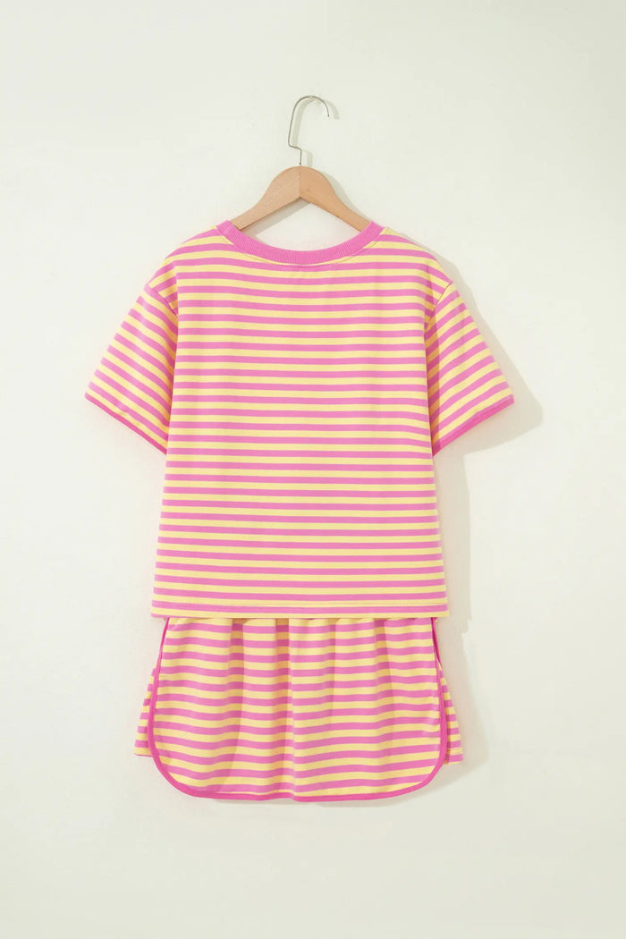 Relaxed Short Sleeve Top Elastic Waist Drawstring Skort 2pcs Set – Pink Stripe