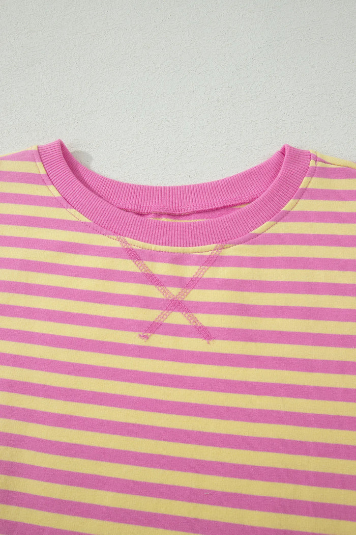 Relaxed Short Sleeve Top Elastic Waist Drawstring Skort 2pcs Set – Pink Stripe
