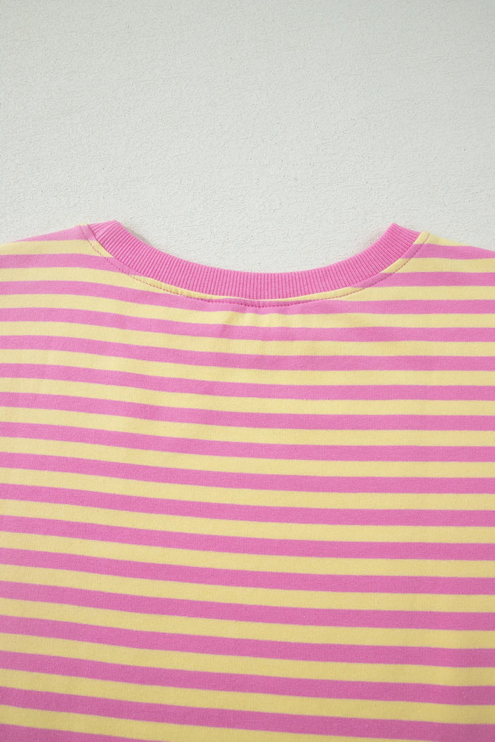 Relaxed Short Sleeve Top Elastic Waist Drawstring Skort 2pcs Set – Pink Stripe