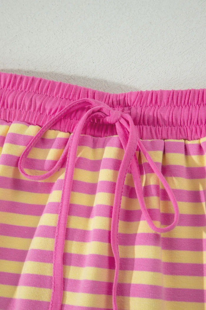 Relaxed Short Sleeve Top Elastic Waist Drawstring Skort 2pcs Set – Pink Stripe