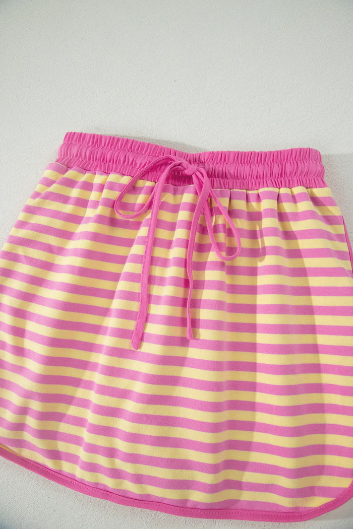 Relaxed Short Sleeve Top Elastic Waist Drawstring Skort 2pcs Set – Pink Stripe
