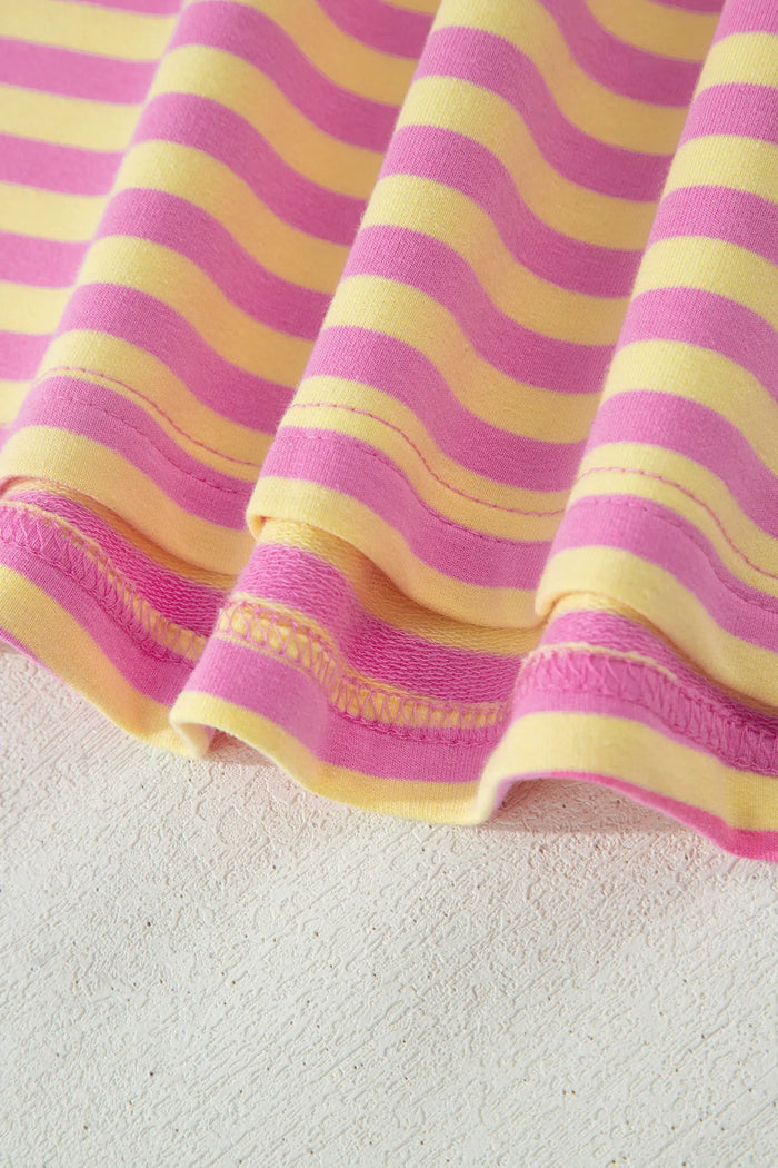 Relaxed Short Sleeve Top Elastic Waist Drawstring Skort 2pcs Set – Pink Stripe
