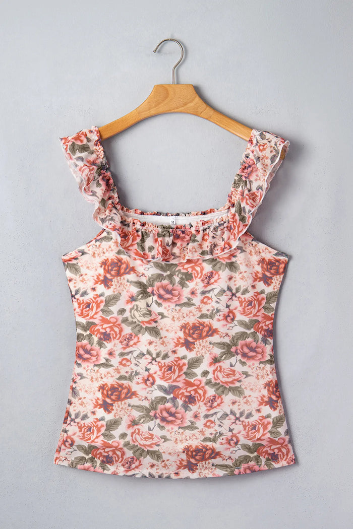 Retro Floral Ruffle Trim Square Neck Tank Top – Multicolour