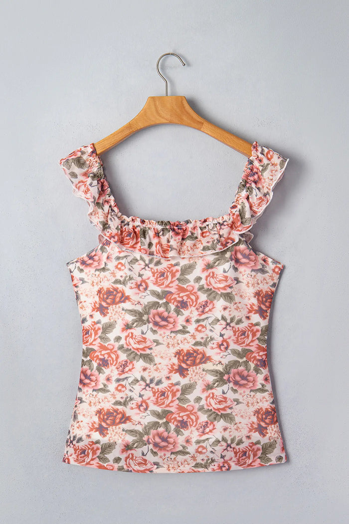 Retro Floral Ruffle Trim Square Neck Tank Top – Multicolour
