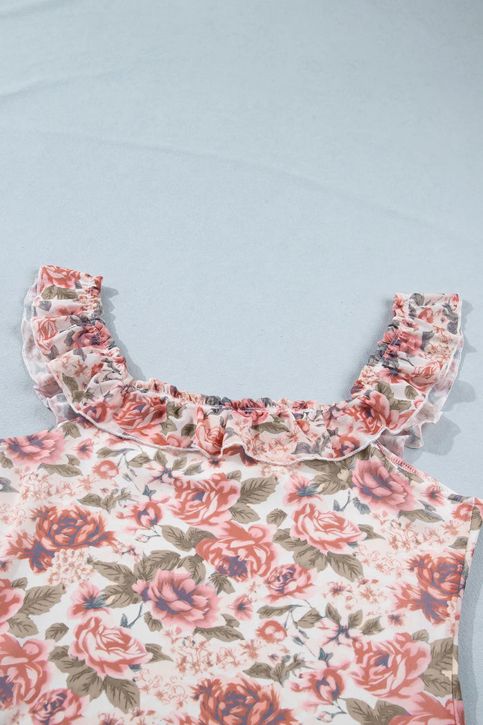 Retro Floral Ruffle Trim Square Neck Tank Top – Multicolour