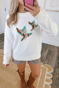 Retro Flying Mallard Pattern Drop Shoulder Pullover Sweater – White