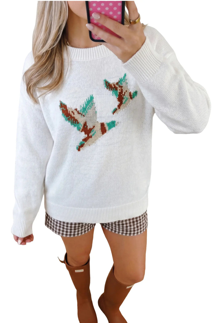 Retro Flying Mallard Pattern Drop Shoulder Pullover Sweater – White