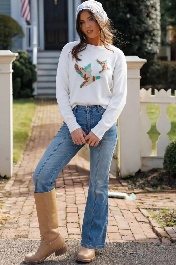 Retro Flying Mallard Pattern Drop Shoulder Pullover Sweater – White