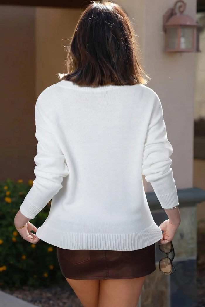 Retro Flying Mallard Pattern Drop Shoulder Pullover Sweater – White