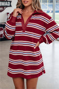 Retro Polo Collar Long Sleeve T Shirt Shift Mini Dress – Red Stripe