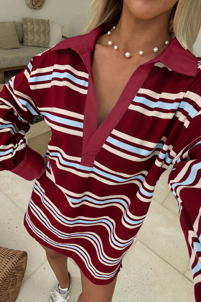 Retro Polo Collar Long Sleeve T Shirt Shift Mini Dress – Red Stripe
