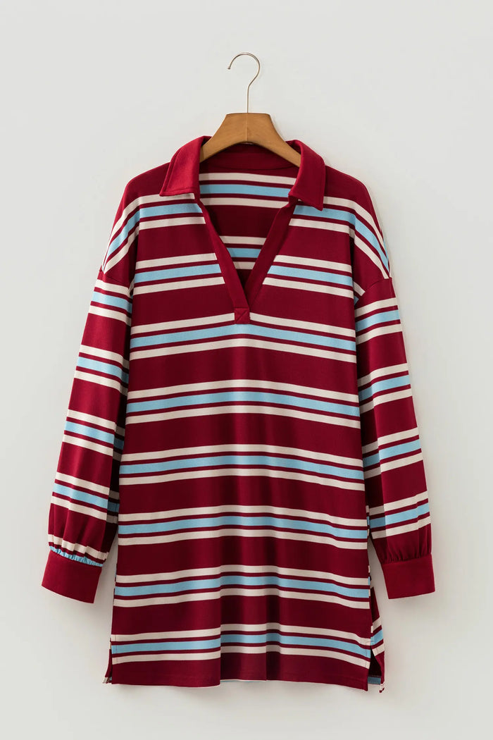 Retro Polo Collar Long Sleeve T Shirt Shift Mini Dress – Red Stripe