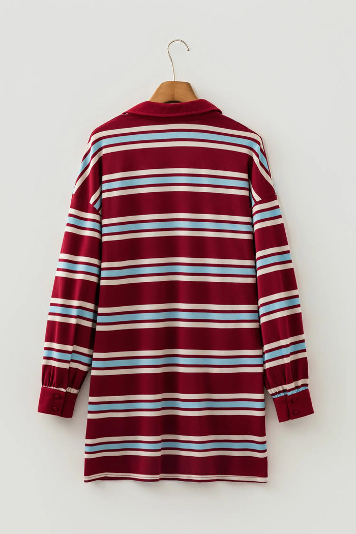 Retro Polo Collar Long Sleeve T Shirt Shift Mini Dress – Red Stripe