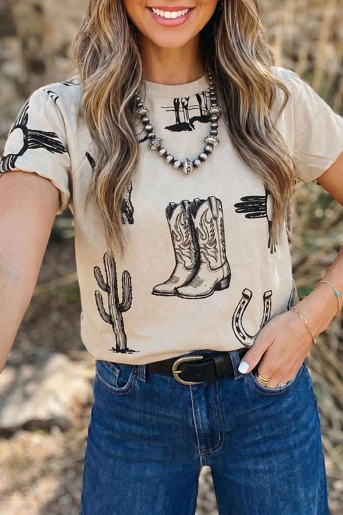 Retro Western Print T Shirt – Beige