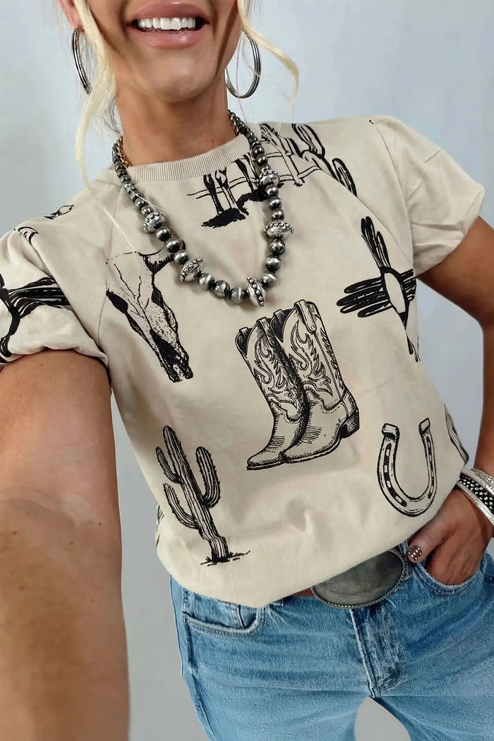 Retro Western Print T Shirt – Beige