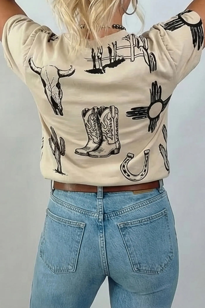 Retro Western Print T Shirt – Beige