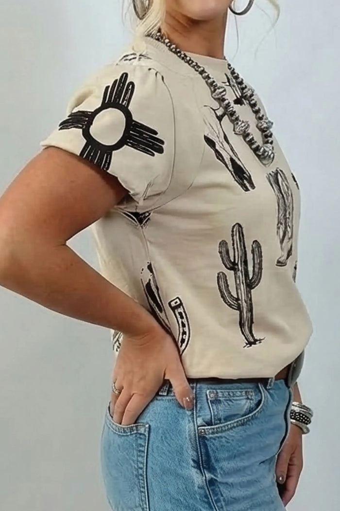 Retro Western Print T Shirt – Beige