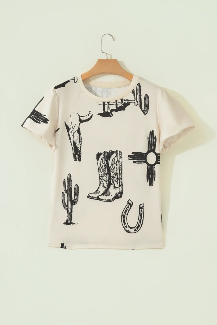 Retro Western Print T Shirt – Beige
