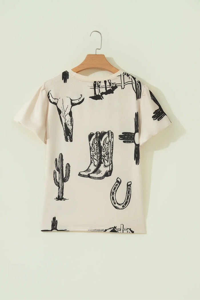 Retro Western Print T Shirt – Beige