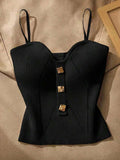 Ribbed Corset Style Cami Top with Gold Button Detail – Black