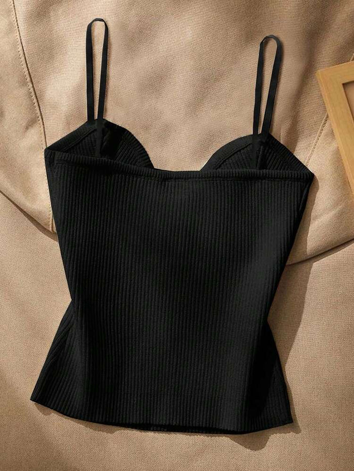 Ribbed Corset Style Cami Top with Gold Button Detail – Black