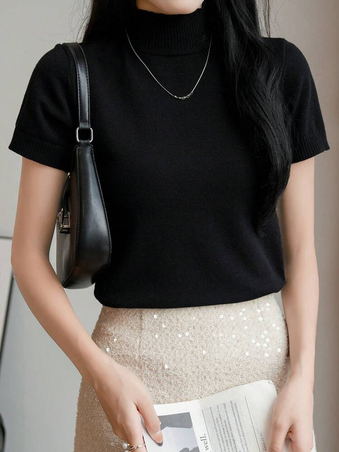 Ribbed High Neck Short Sleeve Fitted Top – Black