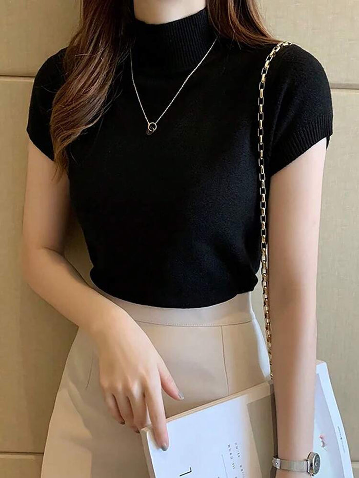 Ribbed High Neck Short Sleeve Fitted Top – Black