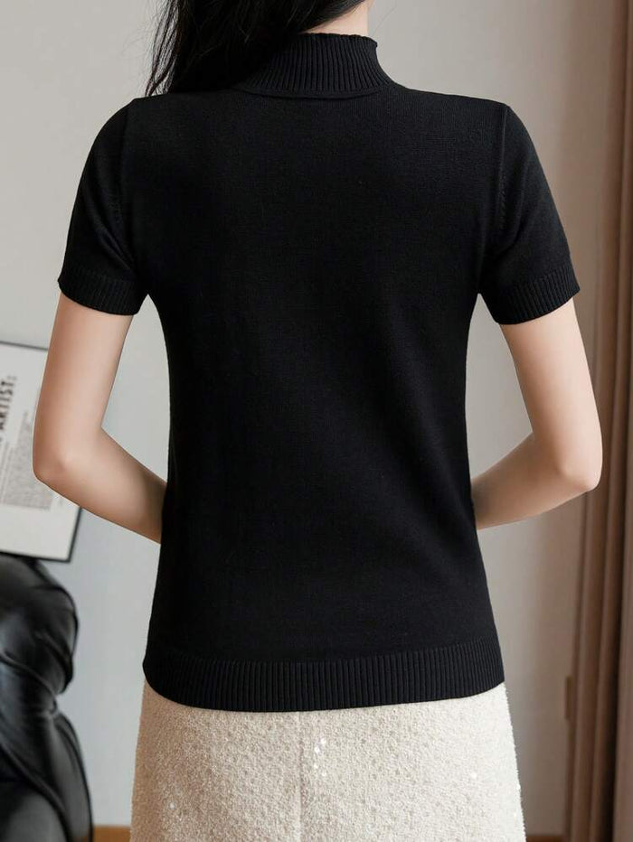 Ribbed High Neck Short Sleeve Fitted Top – Black