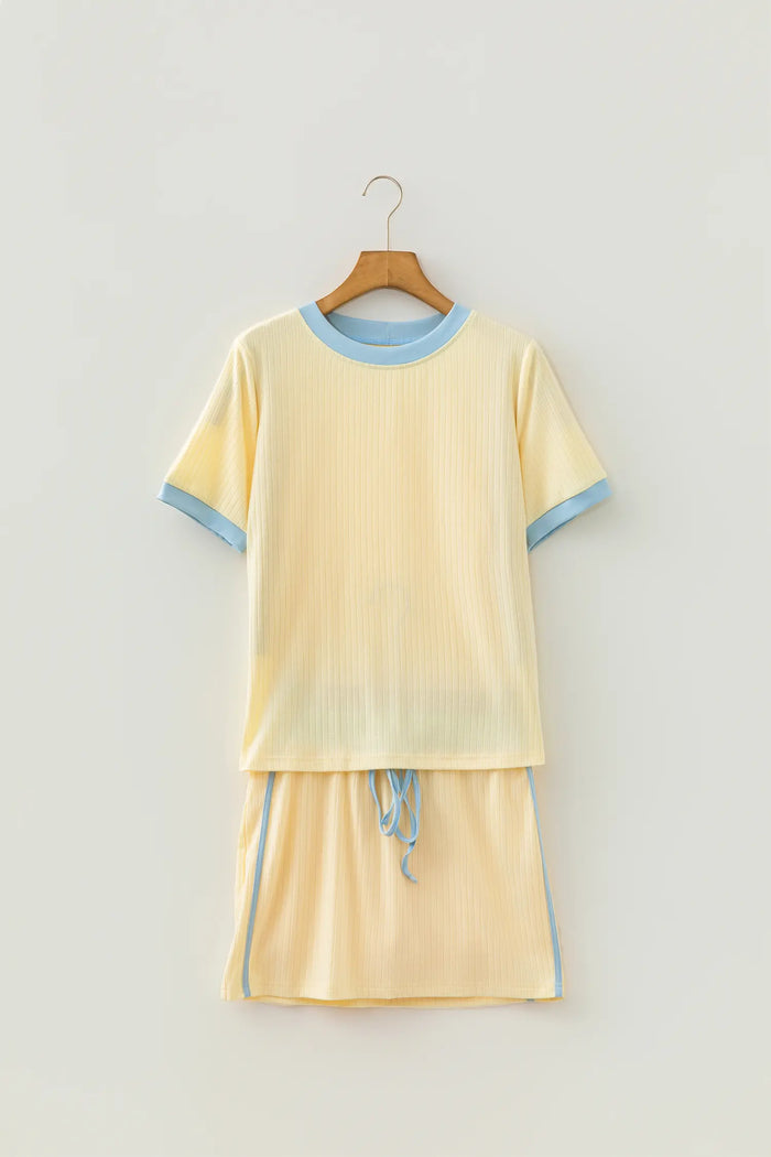 Ribbed Knit Color Block Trim Tee and Drawstring Skirt Set – Yellow