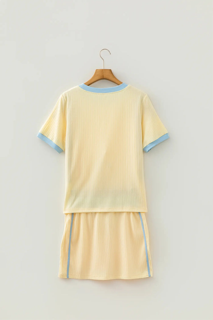 Ribbed Knit Color Block Trim Tee and Drawstring Skirt Set – Yellow