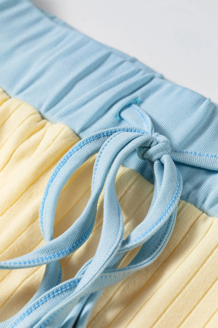 Ribbed Knit Color Block Trim Tee and Drawstring Skirt Set – Yellow