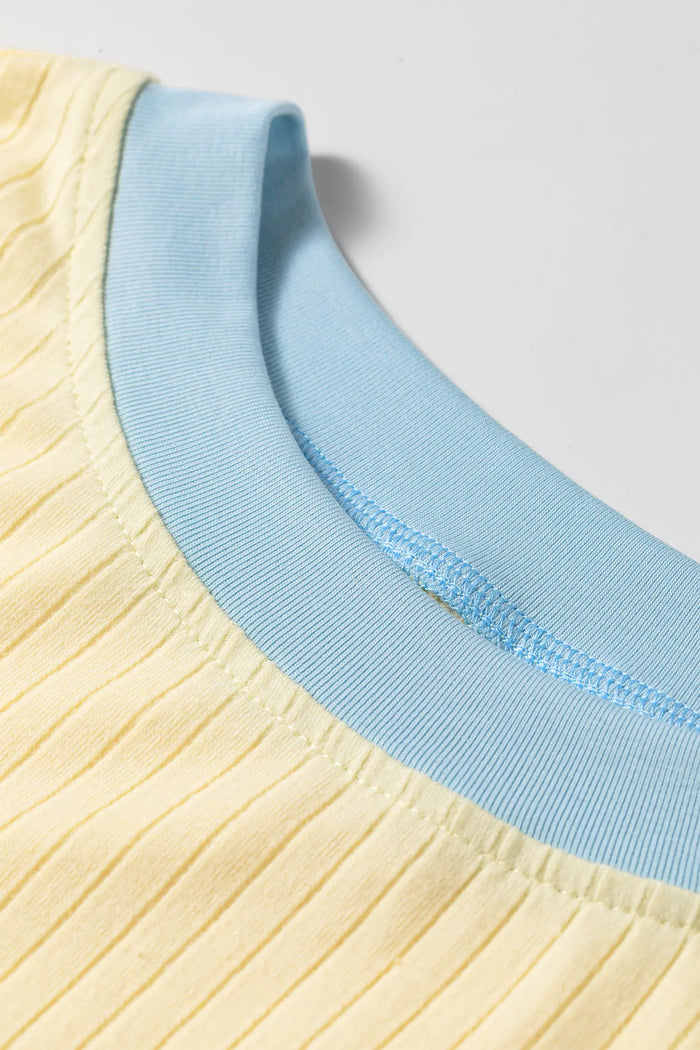 Ribbed Knit Color Block Trim Tee and Drawstring Skirt Set – Yellow