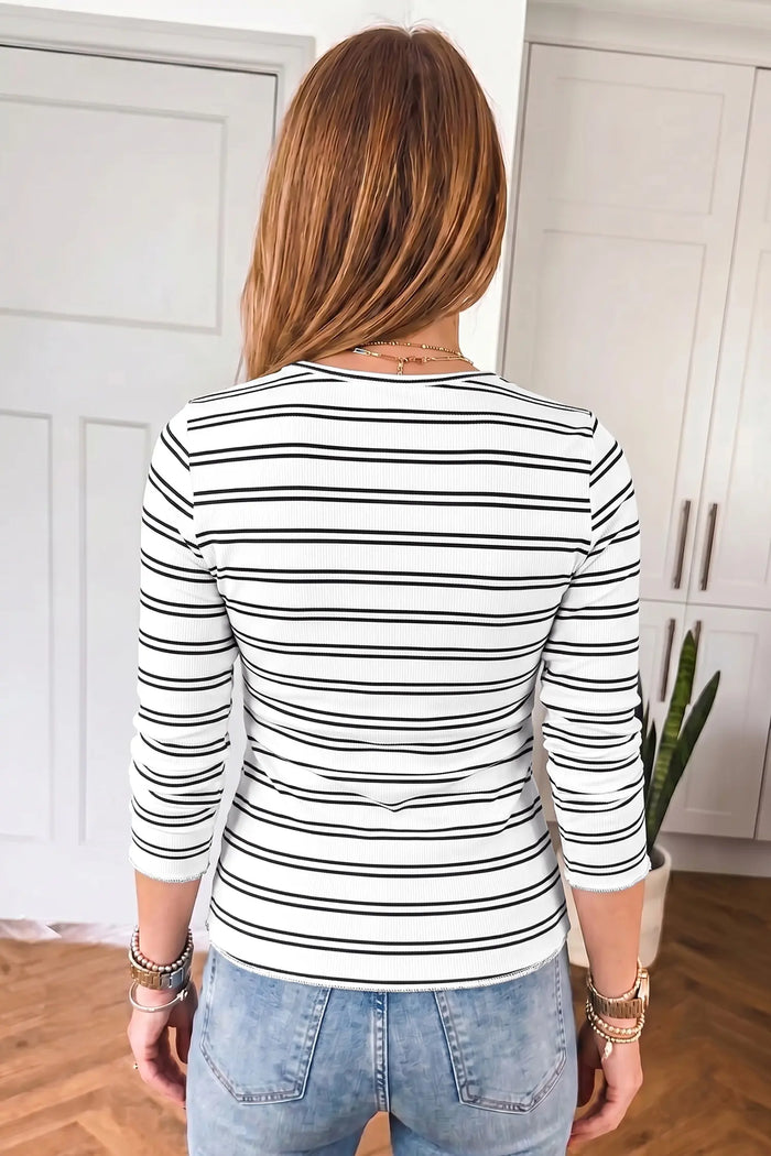 Ribbed Knit Round Neck Long Sleeve Top – Beige Stripe