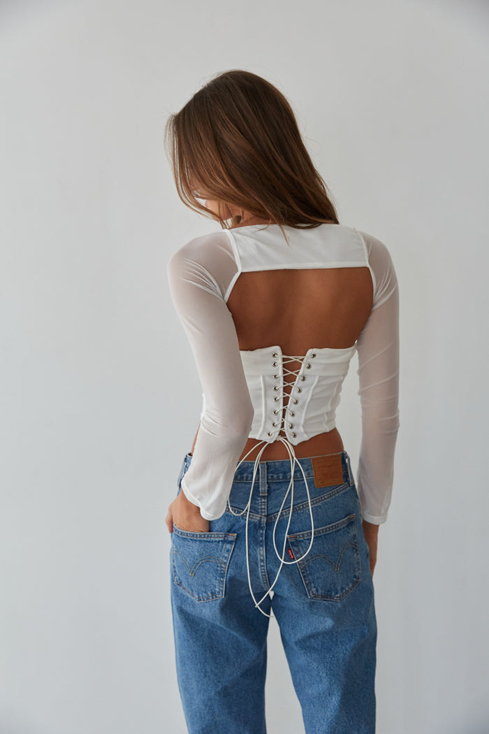 white mesh corset two piece shrug set