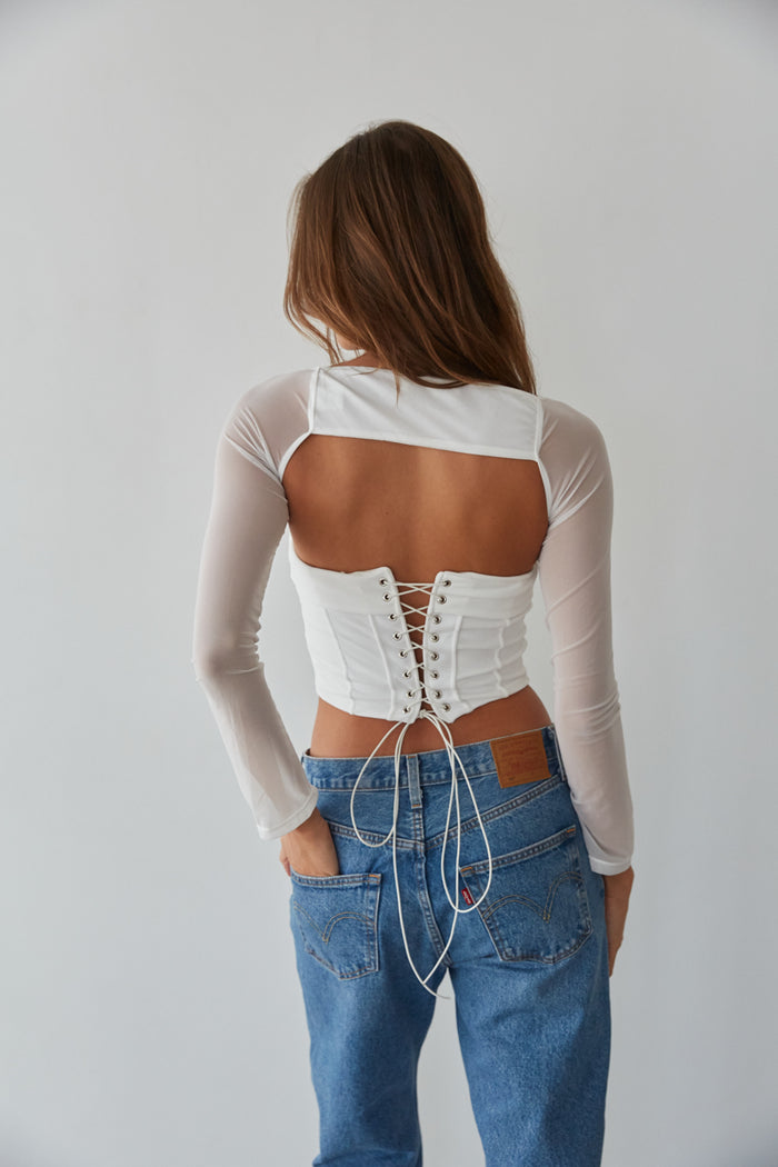 two piece corset shrug set in white