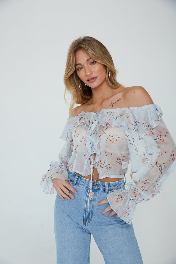 sheer floral off-the-shoulder blouse - blue chiffon floral top - sheer tie front floral blouse - feminine floral top for spring - girly spring tops